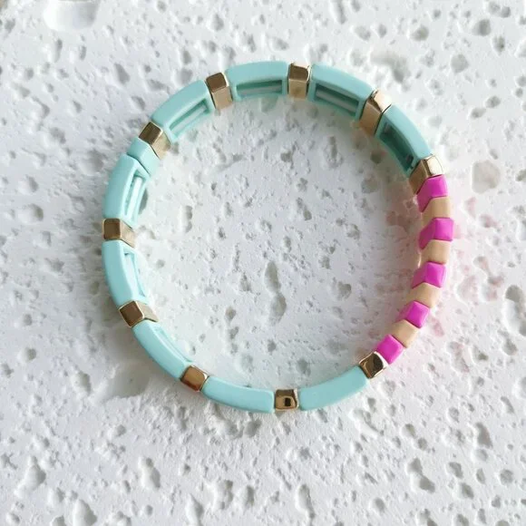 ✨Roxanne Assoulin✨ Rainbow Brite Gold Stretch Bracelet Light Blue Pink Orange - Picture 2 of 3